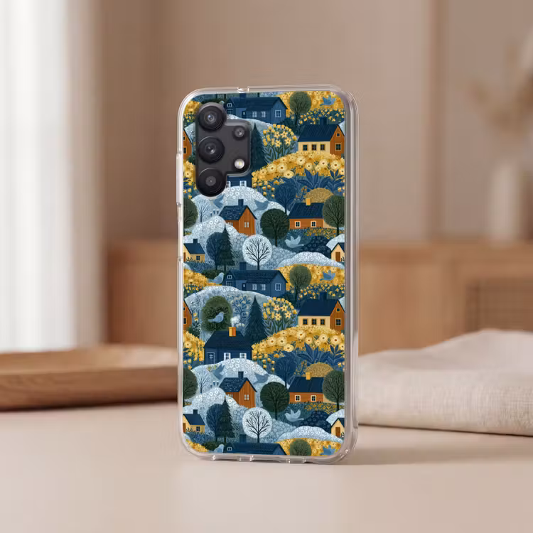 Huisjes - Bloemen - Patroon - Geel - Blauw Telefoonhoesje Samsung Galaxy A32 5G klein 346 -sfeer2