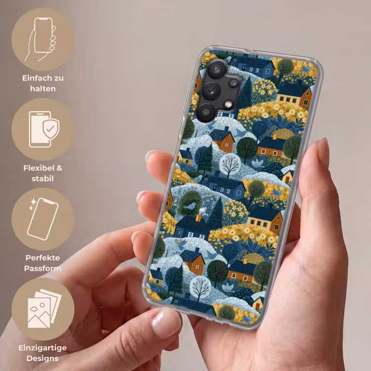 Huisjes - Bloemen - Patroon - Geel - Blauw Telefoonhoesje Samsung Galaxy A32 5G klein 346 -sfeer3_DE
