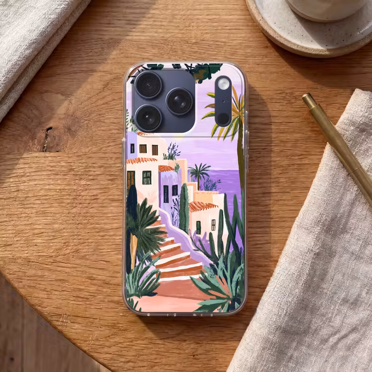 Huizen - Minimalistisch - Palmbomen - Kust Telefoonhoesje iPhone 17 Pro klein -sfeer1