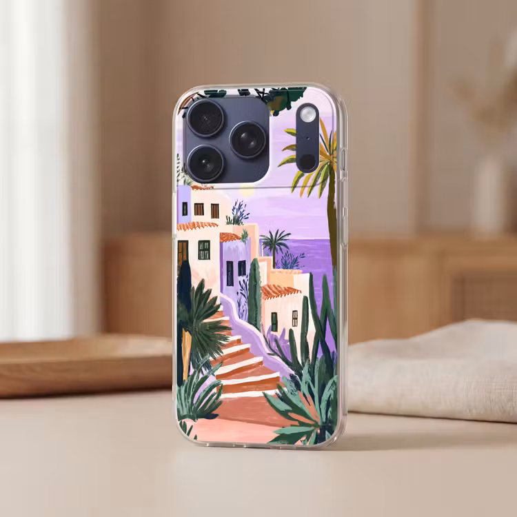 Huizen - Minimalistisch - Palmbomen - Kust Telefoonhoesje iPhone 17 Pro klein -sfeer2