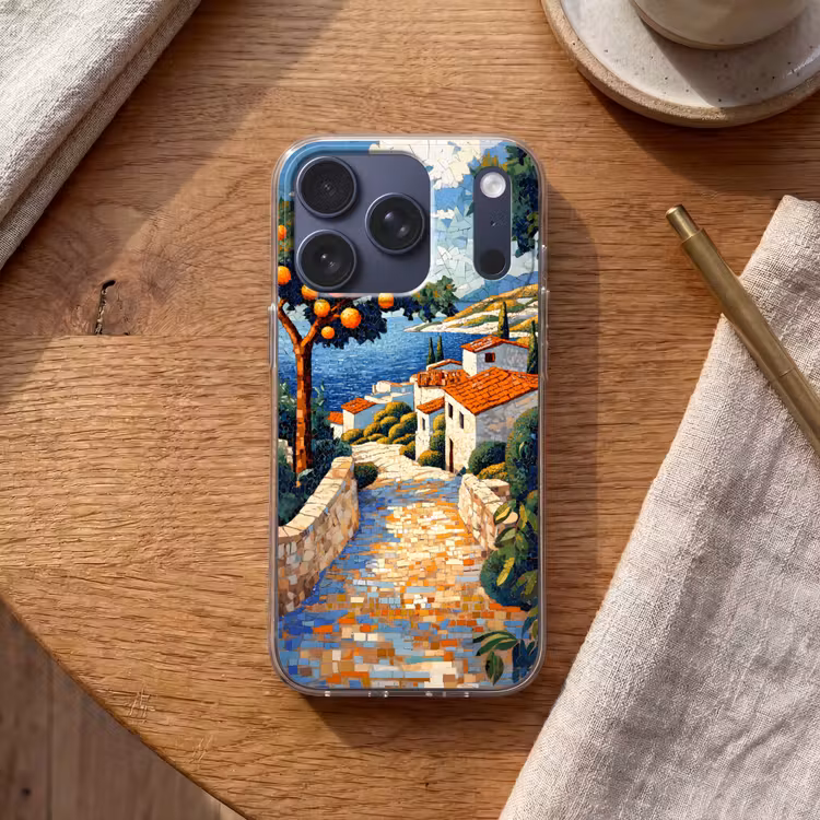 Huizen - Mozaïek - Sinaasappelbomen - Zee Telefoonhoesje iPhone 17 Pro klein -sfeer1