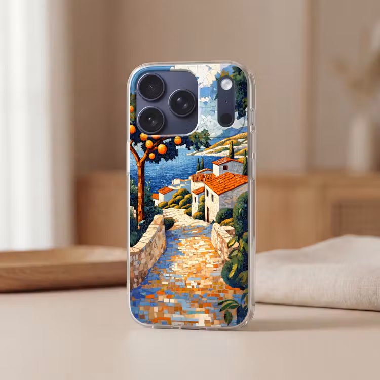 Huizen - Mozaïek - Sinaasappelbomen - Zee Telefoonhoesje iPhone 17 Pro klein -sfeer2