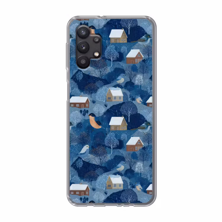 Huisjes - Vogels - Sneeuw - Winter - Blauw Telefoonhoesje Samsung Galaxy A32 5G klein 346 -3d
