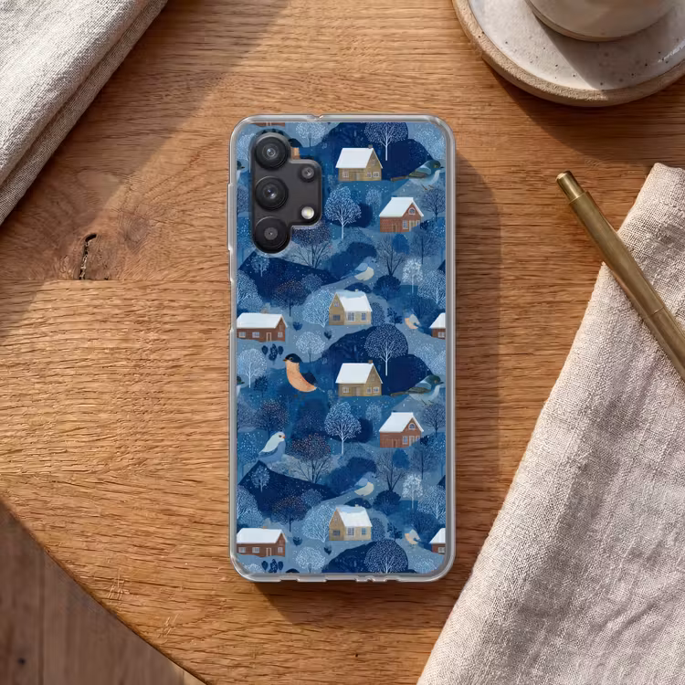Huisjes - Vogels - Sneeuw - Winter - Blauw Telefoonhoesje Samsung Galaxy A32 5G klein 346 -sfeer1