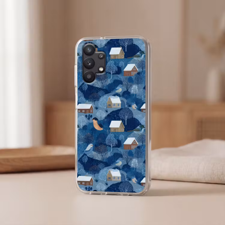 Huisjes - Vogels - Sneeuw - Winter - Blauw Telefoonhoesje Samsung Galaxy A32 5G klein 346 -sfeer2