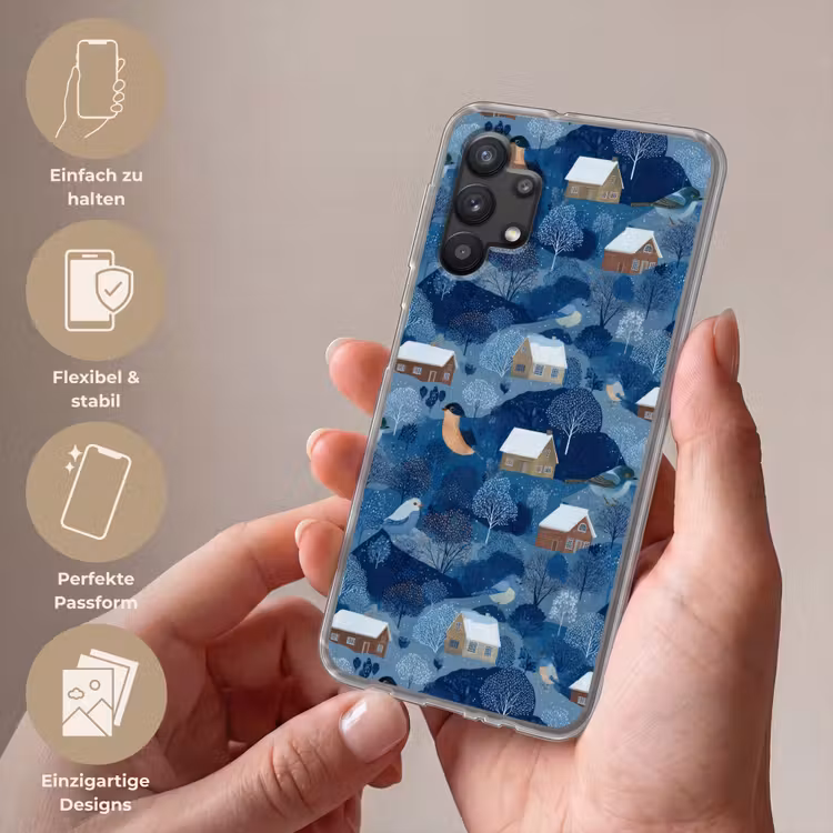 Huisjes - Vogels - Sneeuw - Winter - Blauw Telefoonhoesje Samsung Galaxy A32 5G klein 346 -sfeer3_DE
