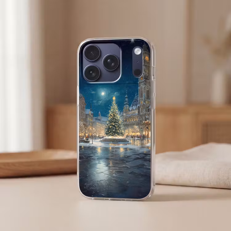 Kerstnacht - Stadsplein - Meerkleurig Telefoonhoesje iPhone 17 Pro klein -sfeer2