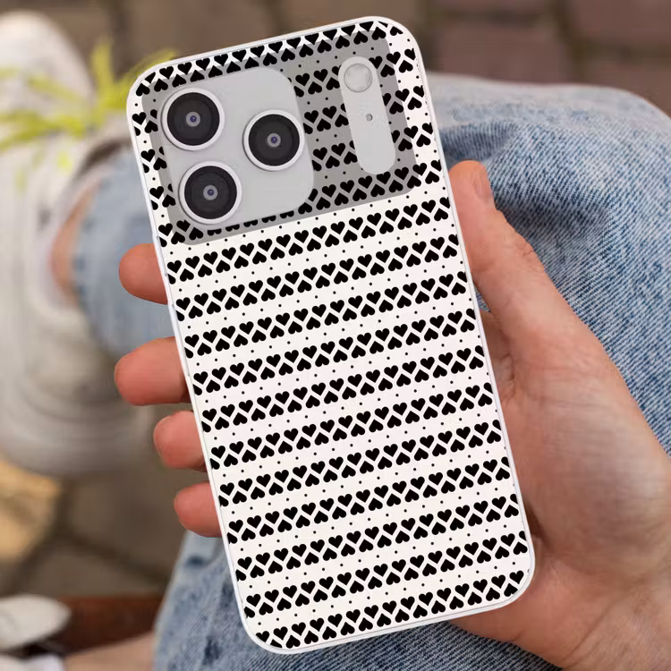 Harten - Lijn - Wit - Zwart Telefoonhoesje iPhone 17 Pro klein 878 -sfeer2