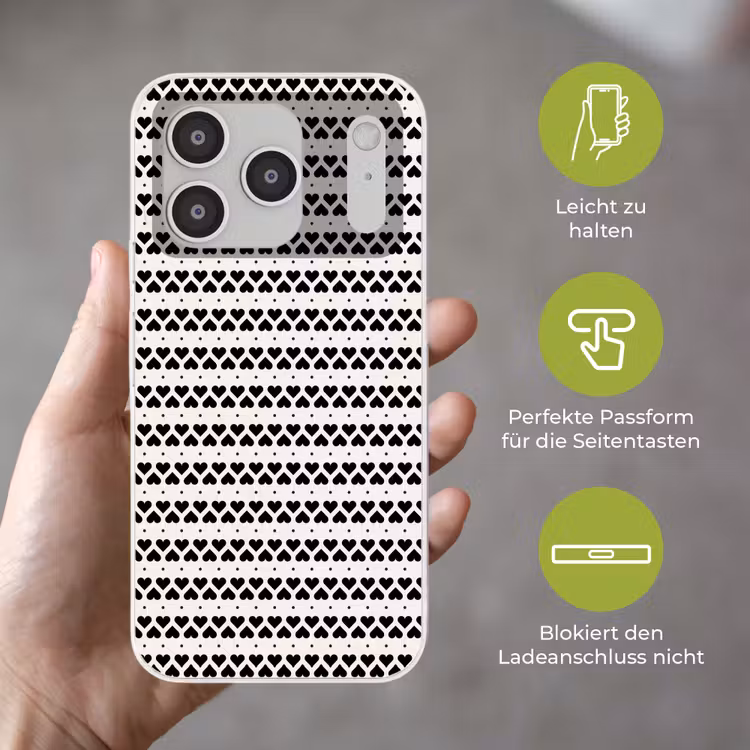 Harten - Lijn - Wit - Zwart Telefoonhoesje iPhone 17 Pro klein 878 -sfeer3_DE