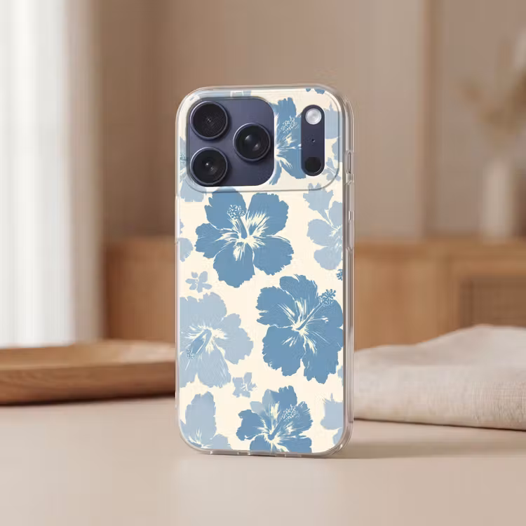 Hibiscusbloemen - Blauw - Patroon - Tropisch Telefoonhoesje iPhone 17 Pro klein -sfeer2