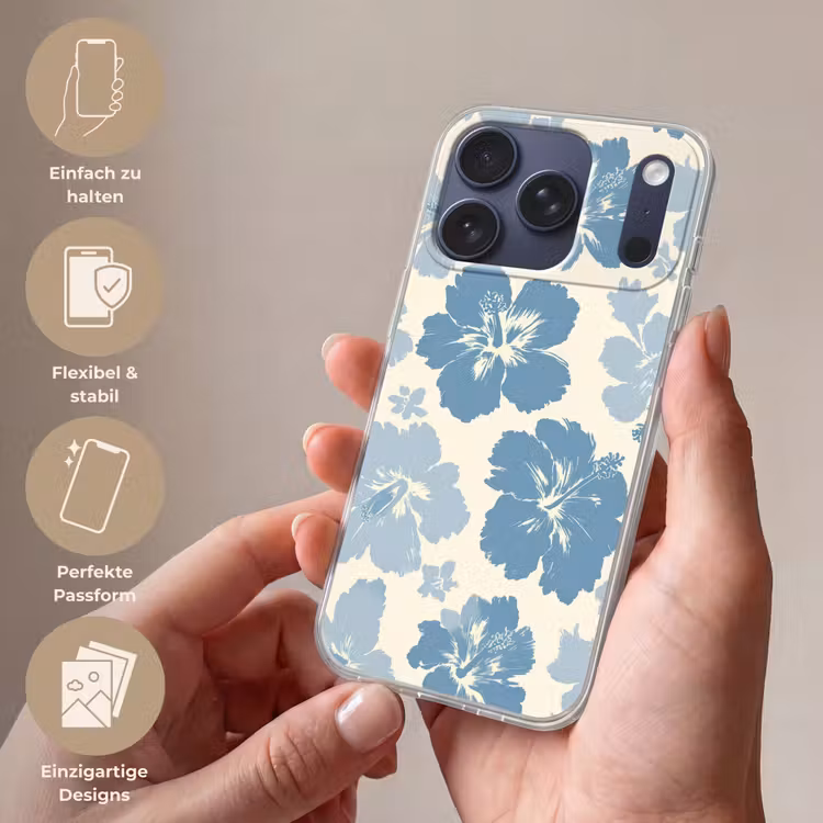 Hibiscusbloemen - Blauw - Patroon - Tropisch Telefoonhoesje iPhone 17 Pro klein -sfeer3_DE