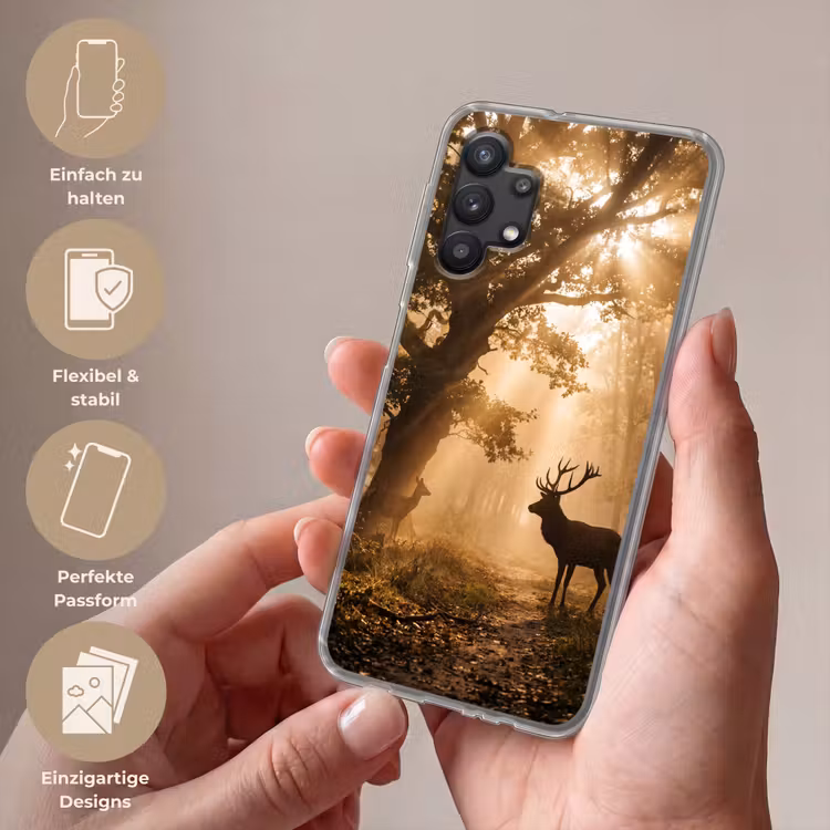 Hert - Bos - Mistig - Natuur - Goud Telefoonhoesje Samsung Galaxy A32 5G klein -sfeer3_DE
