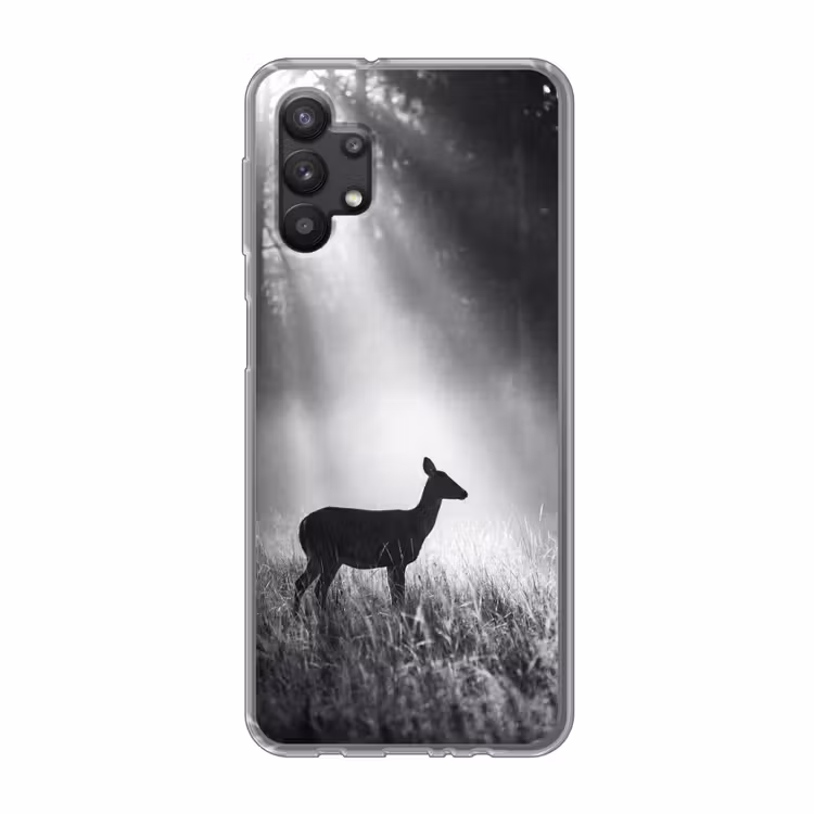 Hert - Bos - Zonnestralen - Zwart-wit - Natuur Telefoonhoesje Samsung Galaxy A32 5G klein -3d