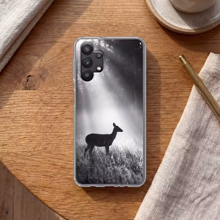Hert - Bos - Zonnestralen - Zwart-wit - Natuur Telefoonhoesje Samsung Galaxy A32 5G klein -sfeer1