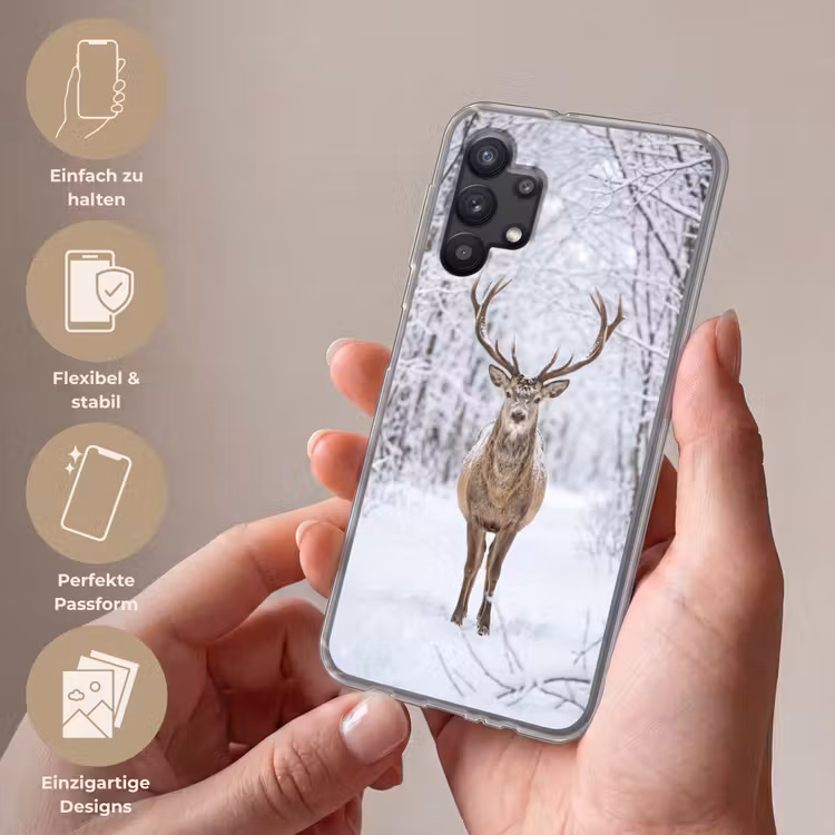 Hert - Winter - Bos - Natuur - Wit Telefoonhoesje Samsung Galaxy A32 5G klein -sfeer3_DE