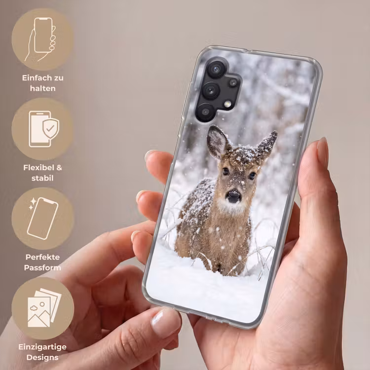 Hert - Sneeuw - Bos - Dieren - Vertederend Telefoonhoesje Samsung Galaxy A32 5G klein -sfeer3_DE