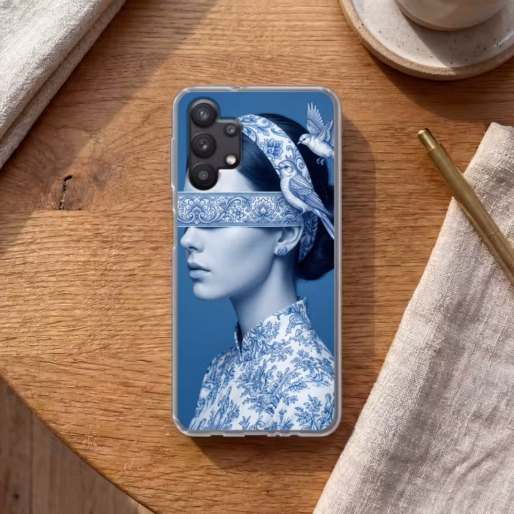 Portret - Klassiek - Wit - Blauw Telefoonhoesje Samsung Galaxy A32 5G klein -sfeer1