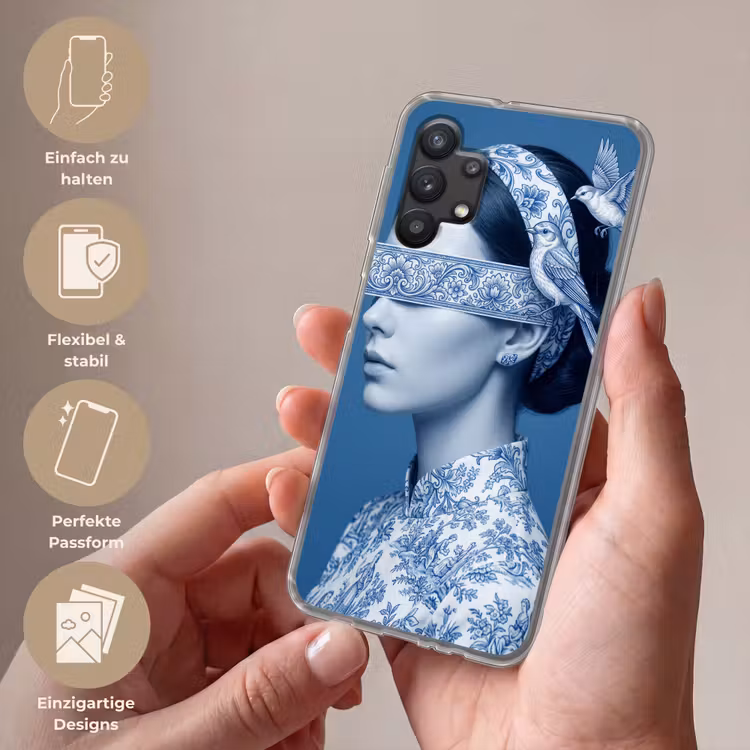 Portret - Klassiek - Wit - Blauw Telefoonhoesje Samsung Galaxy A32 5G klein -sfeer3_DE