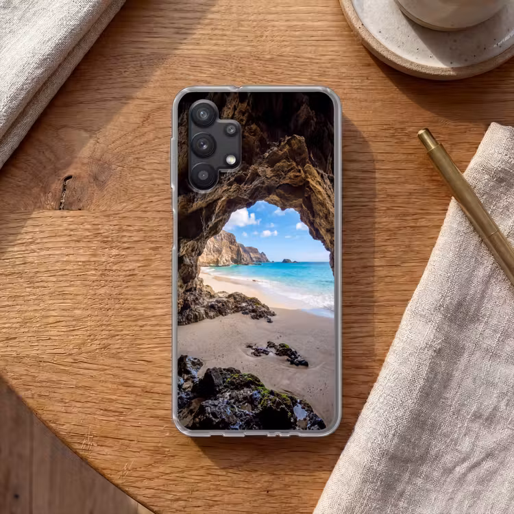 Grot - Strand - Zee - Blauw Telefoonhoesje Samsung Galaxy A32 5G klein -sfeer1
