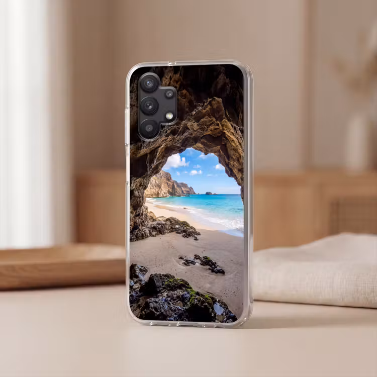 Grot - Strand - Zee - Blauw Telefoonhoesje Samsung Galaxy A32 5G klein -sfeer2