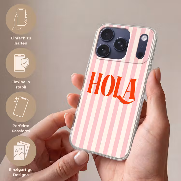 Hola - Quote - Strepen - Pastel - Roze - Rood - Wit Telefoonhoesje iPhone 17 Pro klein -sfeer3_DE