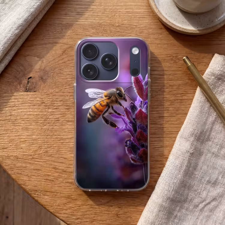 Honingbij - Paarse bloemen - Details Telefoonhoesje iPhone 17 Pro klein -sfeer1