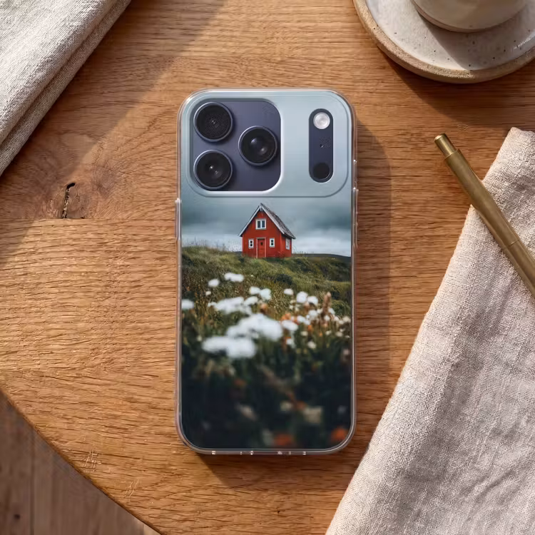Heuvel - Huisje - Bloemen - Wit Telefoonhoesje iPhone 17 Pro klein -sfeer1