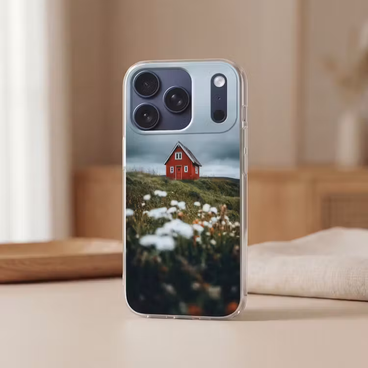 Heuvel - Huisje - Bloemen - Wit Telefoonhoesje iPhone 17 Pro klein -sfeer2
