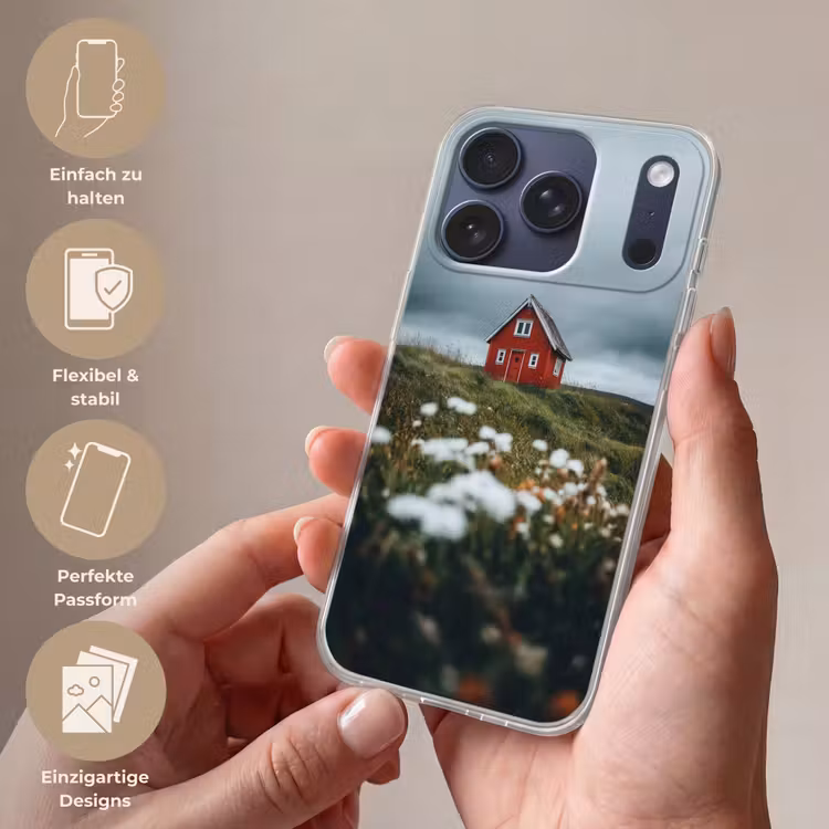 Heuvel - Huisje - Bloemen - Wit Telefoonhoesje iPhone 17 Pro klein -sfeer3_DE