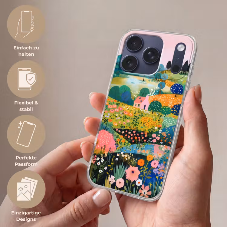 Heuvellandschap - Fantasierijk - Kleurcontrasten Telefoonhoesje iPhone 17 Pro klein -sfeer3_DE