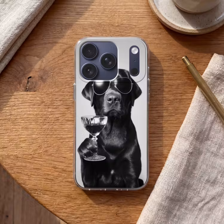 Hond - Zwart - Wijnglas - Zonnebril Telefoonhoesje iPhone 17 Pro klein -sfeer1