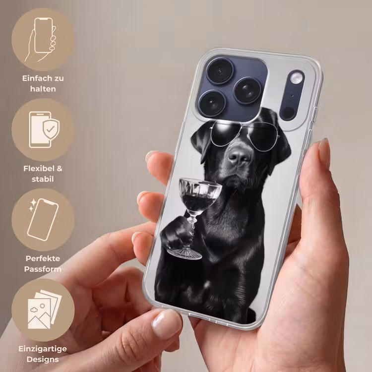 Hond - Zwart - Wijnglas - Zonnebril Telefoonhoesje iPhone 17 Pro klein -sfeer3_DE