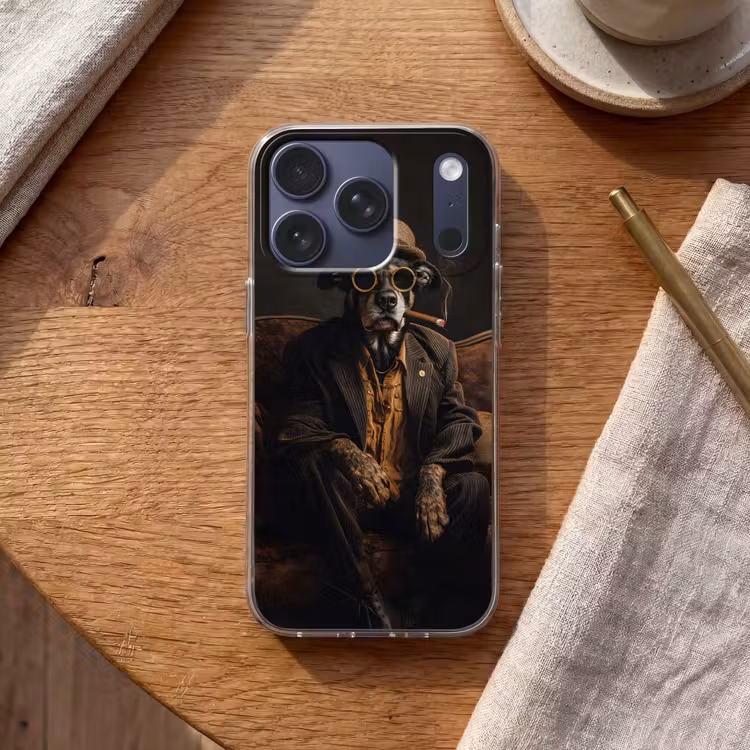 Hond - Sigaar - Hoed - Pak Telefoonhoesje iPhone 17 Pro klein -sfeer1