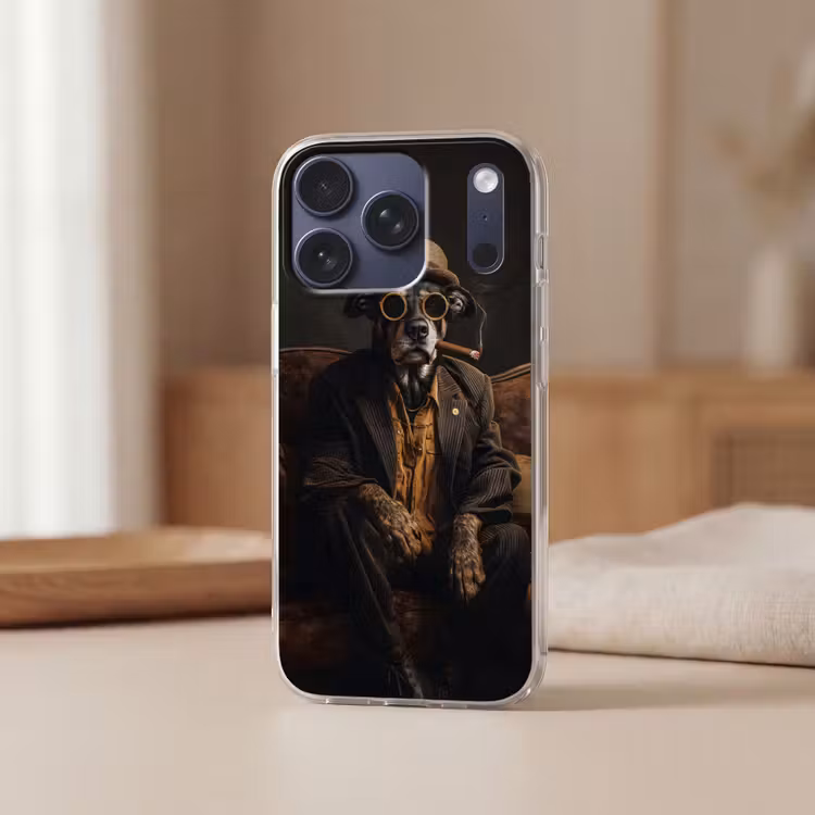 Hond - Sigaar - Hoed - Pak Telefoonhoesje iPhone 17 Pro klein -sfeer2