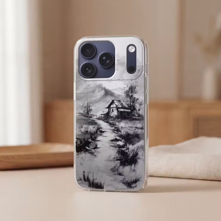 Hut - Grijs - Bergen - Mistig Telefoonhoesje iPhone 17 Pro klein -sfeer2