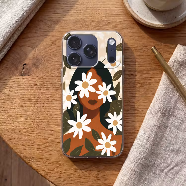 Illustratie - Vrouw - Madeliefjes - Wit Telefoonhoesje iPhone 17 Pro klein -sfeer1