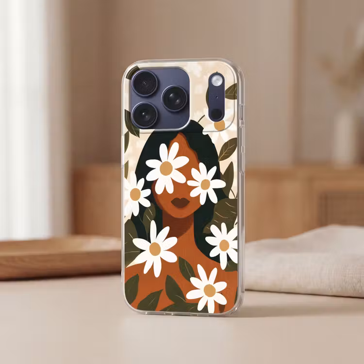 Illustratie - Vrouw - Madeliefjes - Wit Telefoonhoesje iPhone 17 Pro klein -sfeer2