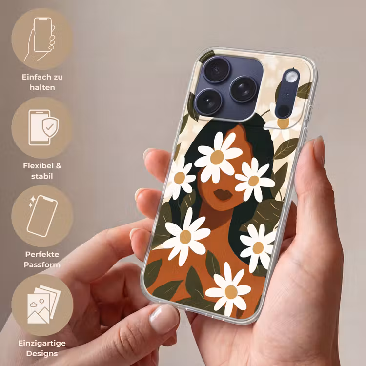 Illustratie - Vrouw - Madeliefjes - Wit Telefoonhoesje iPhone 17 Pro klein -sfeer3_DE