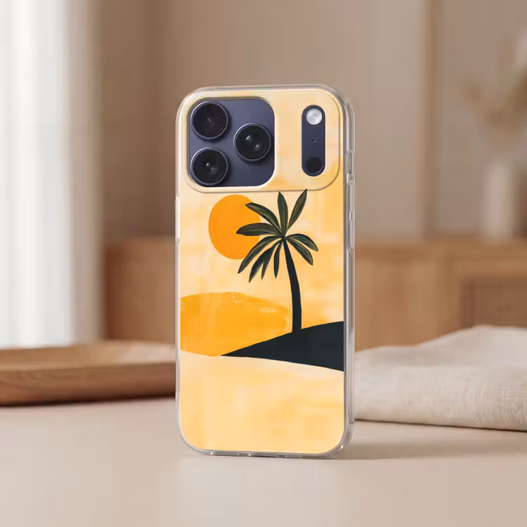 Illustratie - Palmboom - Zon - Heuvels Telefoonhoesje iPhone 17 Pro klein -sfeer2