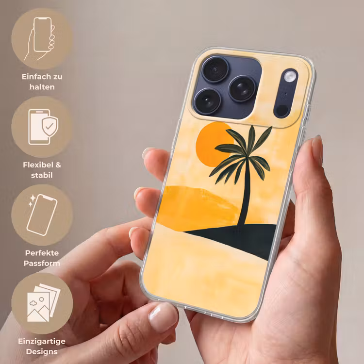 Illustratie - Palmboom - Zon - Heuvels Telefoonhoesje iPhone 17 Pro klein -sfeer3_DE