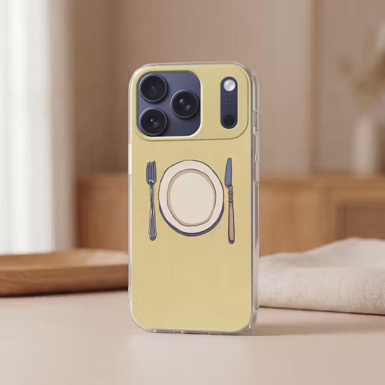 Illustratie - Bord - Bestek - Beige Telefoonhoesje iPhone 17 Pro klein -sfeer2
