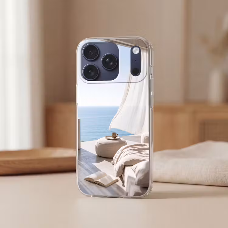 Interieur - Zeezicht - Modern - Rust - Beige Telefoonhoesje iPhone 17 Pro klein -sfeer2