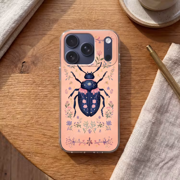 Kever - Donkerblauw - Bloemen - Sierlijk Telefoonhoesje iPhone 17 Pro klein -sfeer1