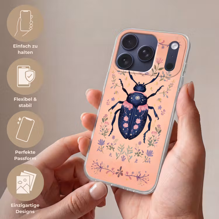 Kever - Donkerblauw - Bloemen - Sierlijk Telefoonhoesje iPhone 17 Pro klein -sfeer3_DE