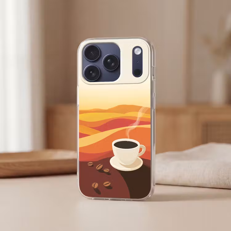 Koffie - Landschap - Oranje - Koffiebonen Telefoonhoesje iPhone 17 Pro klein -sfeer2