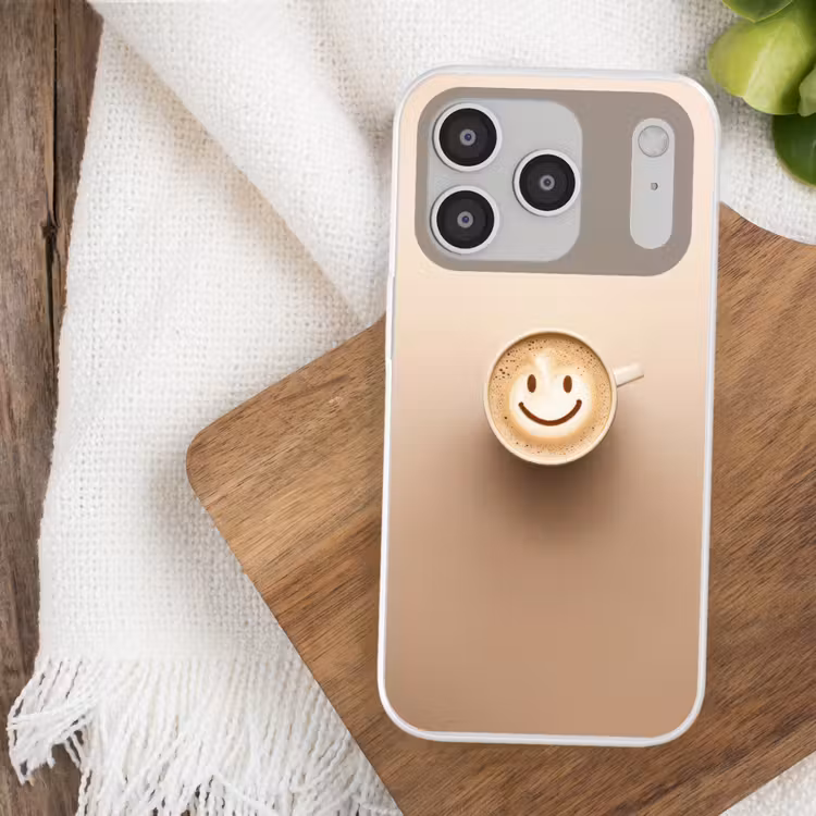 Koffie - Melkschuim - Lach - Beige Telefoonhoesje iPhone 17 Pro klein -sfeer1