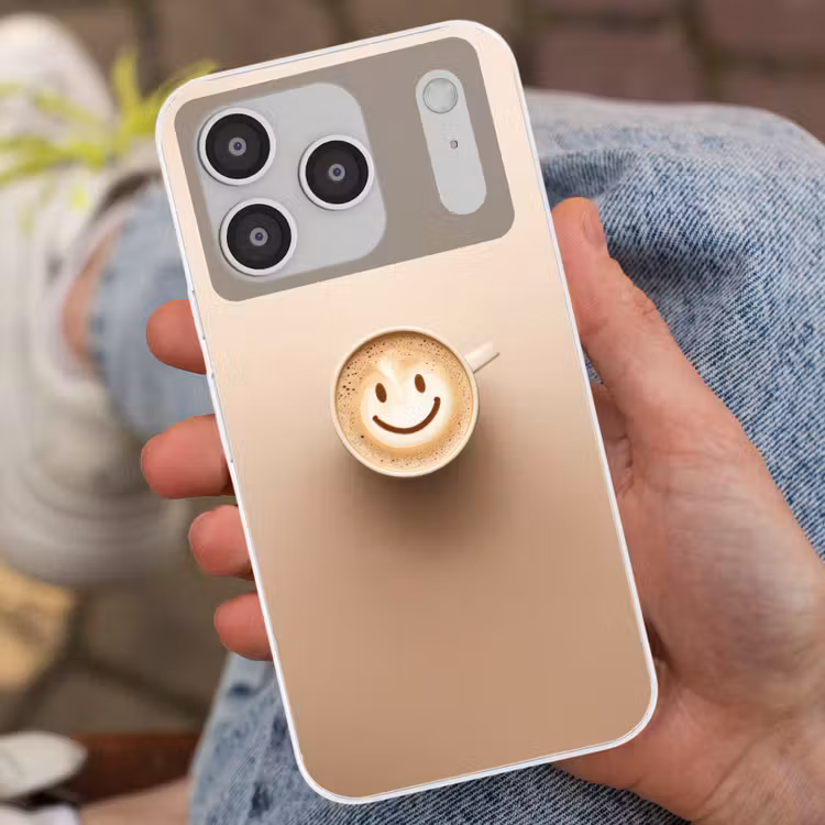 Koffie - Melkschuim - Lach - Beige Telefoonhoesje iPhone 17 Pro klein -sfeer2