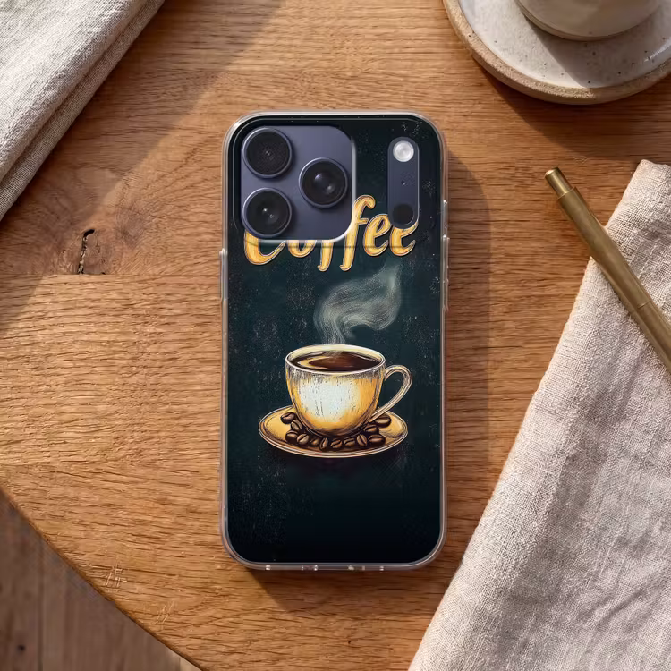 Koffie - Schotel - Koffiebonen - Retro Telefoonhoesje iPhone 17 Pro klein -sfeer1