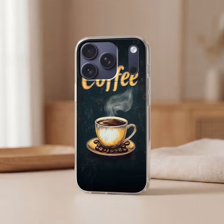 Koffie - Schotel - Koffiebonen - Retro Telefoonhoesje iPhone 17 Pro klein -sfeer2