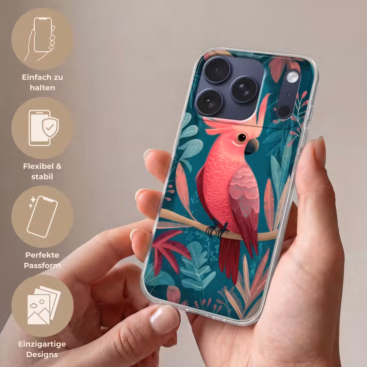 Kaketoe - Tropische bladeren - Tak Telefoonhoesje iPhone 17 Pro klein -sfeer3_DE